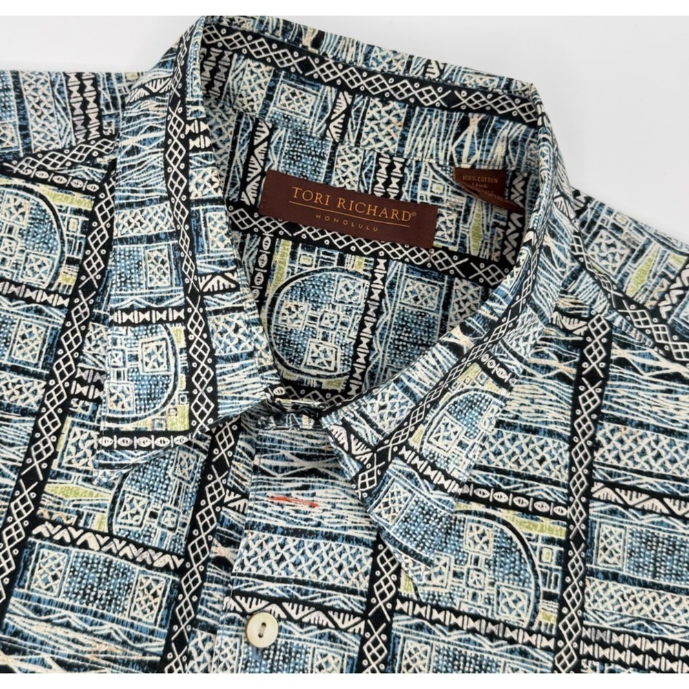 Tori Richard‎ Honolulu Hawaiian Shirt XL Blue Black Geometric Cotton Lawn Aloha